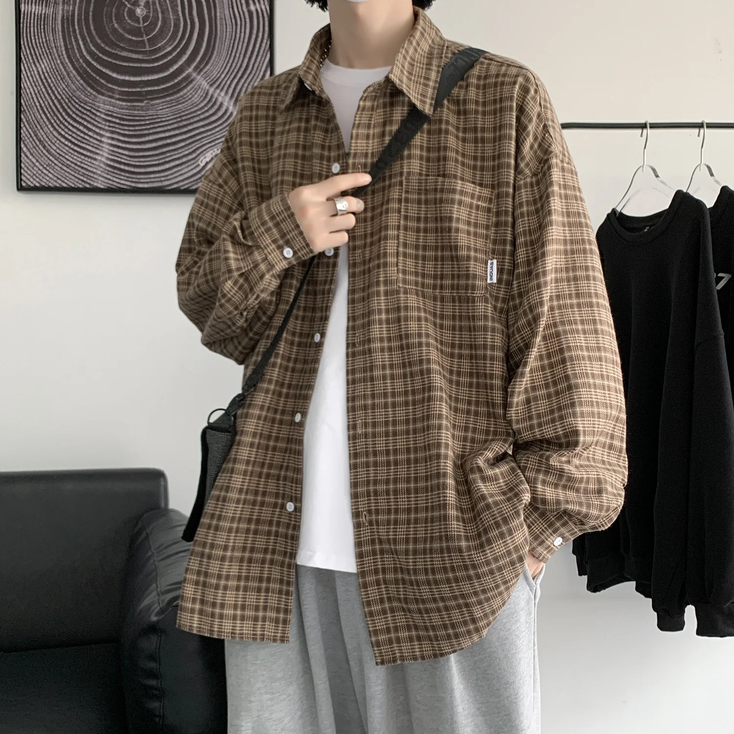 

Privathinker Casual Long Sleeve Men's Shirt Check Loose 2022 Autumn New Fashion Blouses Turn Down Collar Male Clothing Shirt