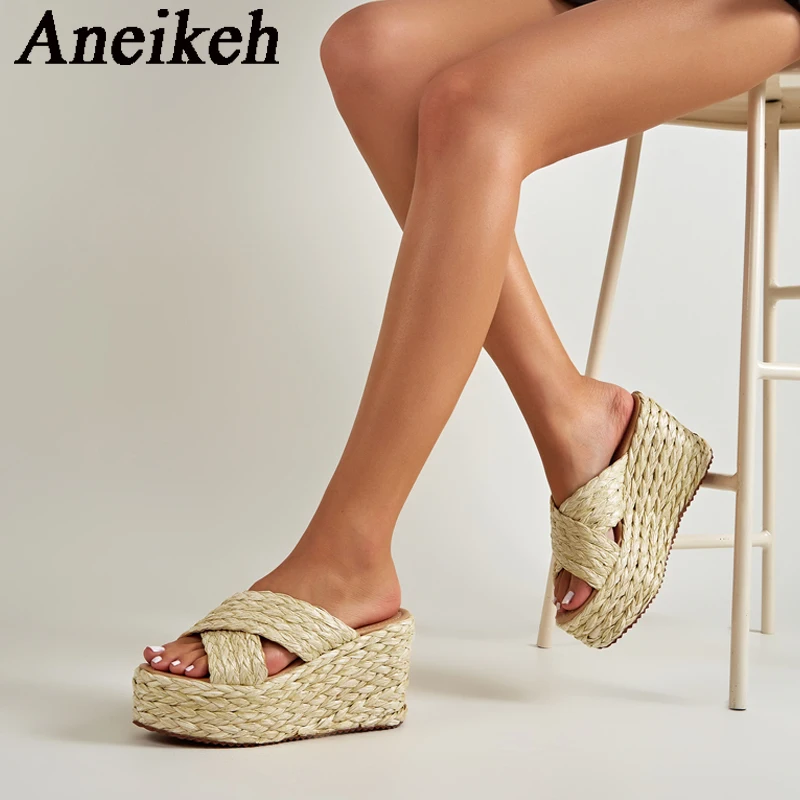 

Aneikeh 2024 Braid Cross Design Platform Wedge Sandals Women's Summer Outdoor Anti slip Leisure Beach Slide Zapatos Mules 36-43