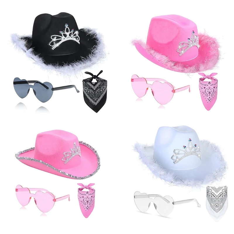 

Розовые ковбойские кепки, Западная шапка Cowgirl для женщин, реквизит для фотографий для девочек, бандана, фетровая шляпа для вечевечерние
