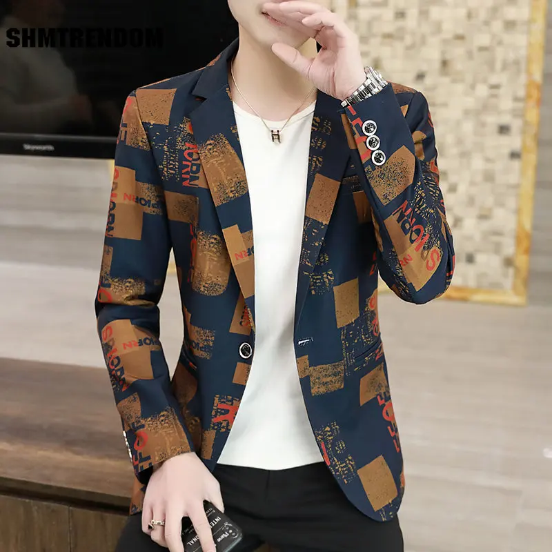 New Men Fashion Suit Party Coat Casual Slim Fit Blazer Buttons Suit Printing Floral Print Painting Blazers Jacket Men Suit Coat