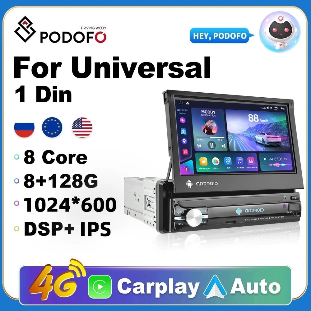Podofo 1din Автомобильное радио CarPlay GPS навигация IPS выдвижной экран 1 Din Android 10 Мультимедийный плеер Универсальный аудио-видео.
