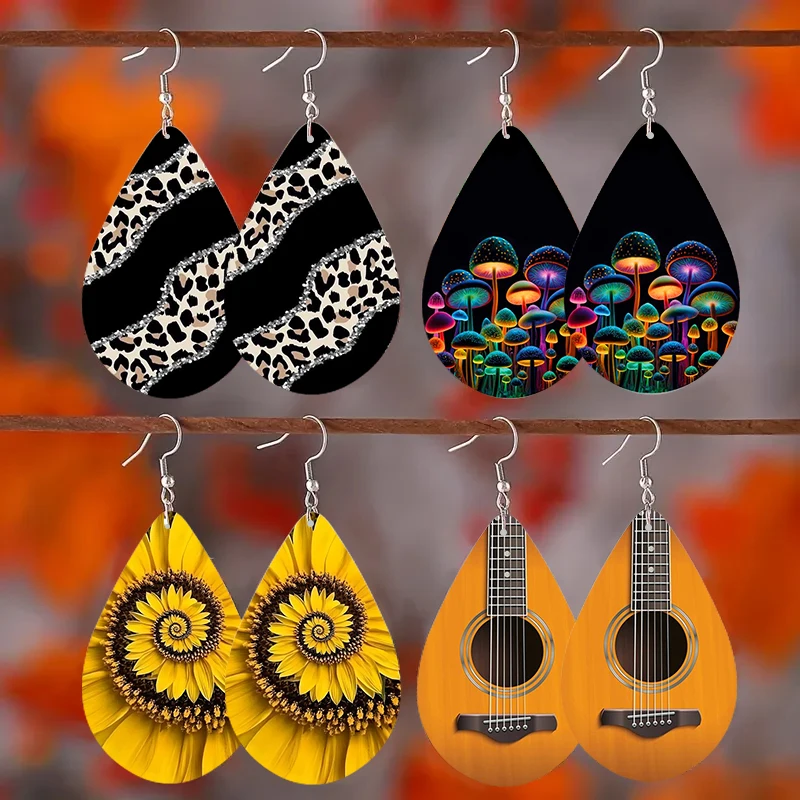 SOMESOOR Cute Ukulele Guitar Teardrop Earrings Leopard Sunflower Mushroom Printed Small Wooden Dangle Jewelry For Women Gifts