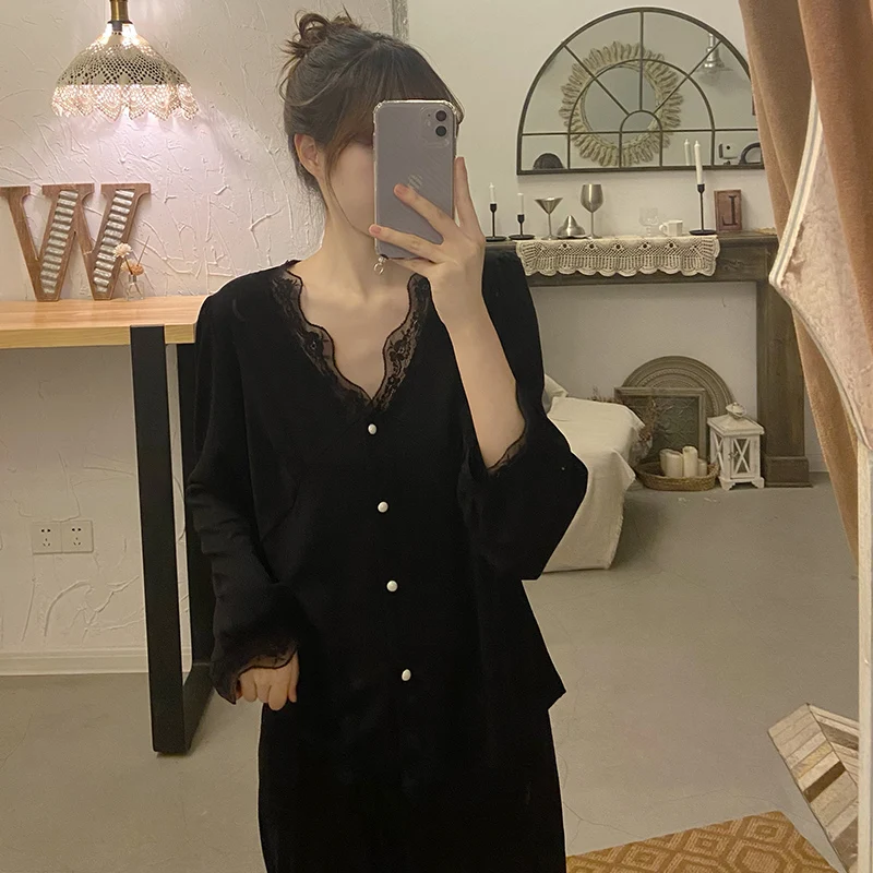 Black Lace Pajamas Spring and Autumn Women's Long Sleeve Pure Cotton Thin V-neck Home Clothes 2022 New Suit Casual