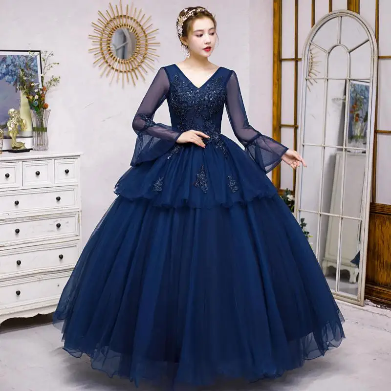 

Сексуальное платье с v-образным вырезом Vestidos De Quinceaneras, новое фатиновое бальное платье с длинными рукавами, элегантные Пышные Платья с цветочным рисунком для выпускного вечера, на заказ