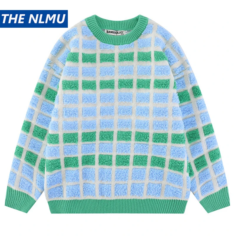 

Свитер мужской в клетку, винтажный вязаный пуловер свободного покроя с графическим принтом, в стиле хип-хоп, уличная одежда унисекс, Y2K