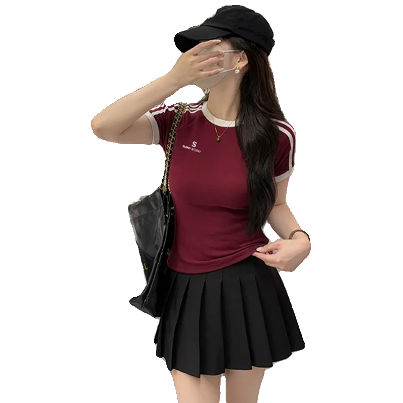 Женская футболка с коротким рукавом облегающий Топ контрастных цветов в