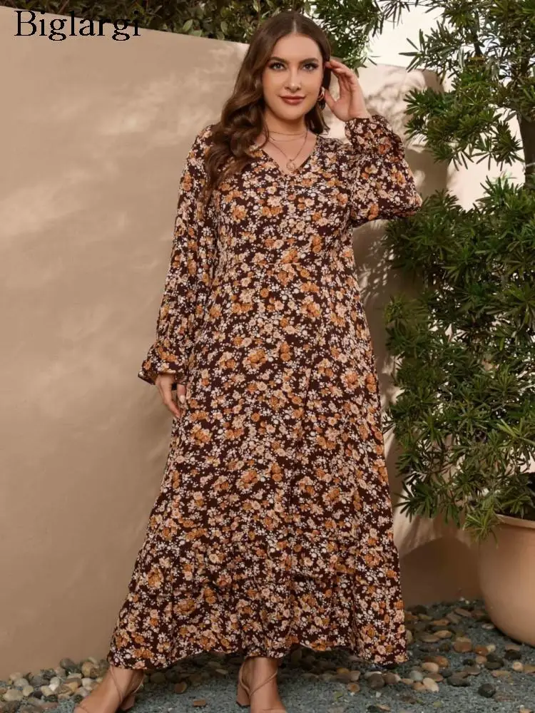 

Женское длинное платье с цветочным принтом и V-образным вырезом