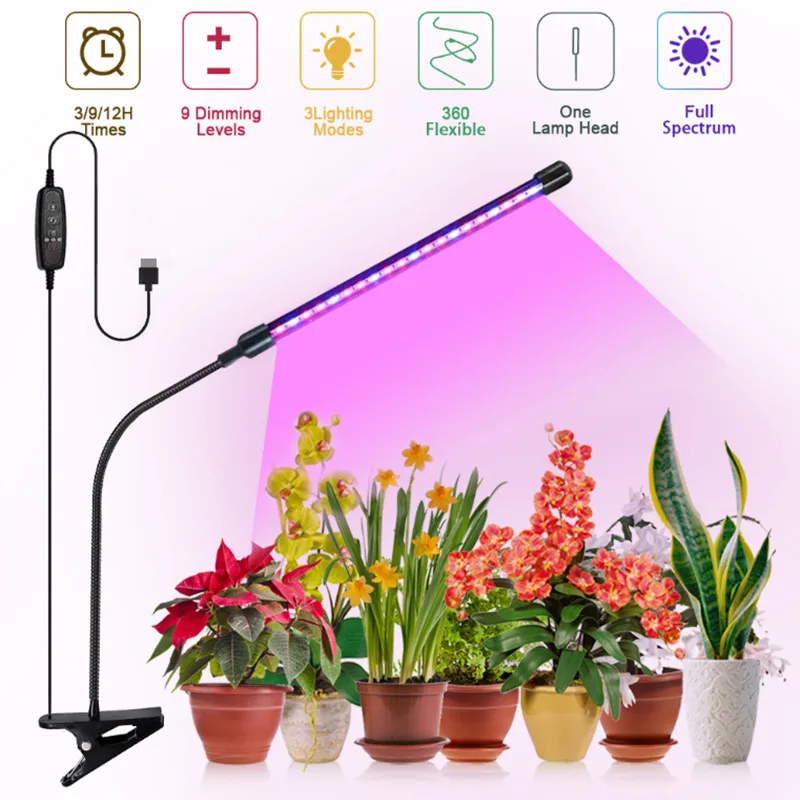 Clip USB LED Grow Light Red Blue Full Spectrum 1 Tube Head Ajustable 10W Indoor Seedling Flower Plants Phyto LED Grow Lamp