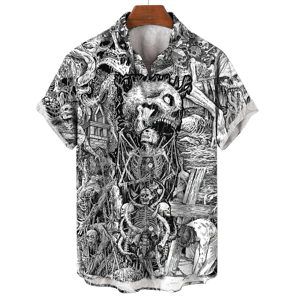 

2023 Summer New Men's T-Shirts 3D Printed Horror Pattern Hawaiian Fashion Designer Men's Horror Shirts Day Of The Dead Tops 5XL