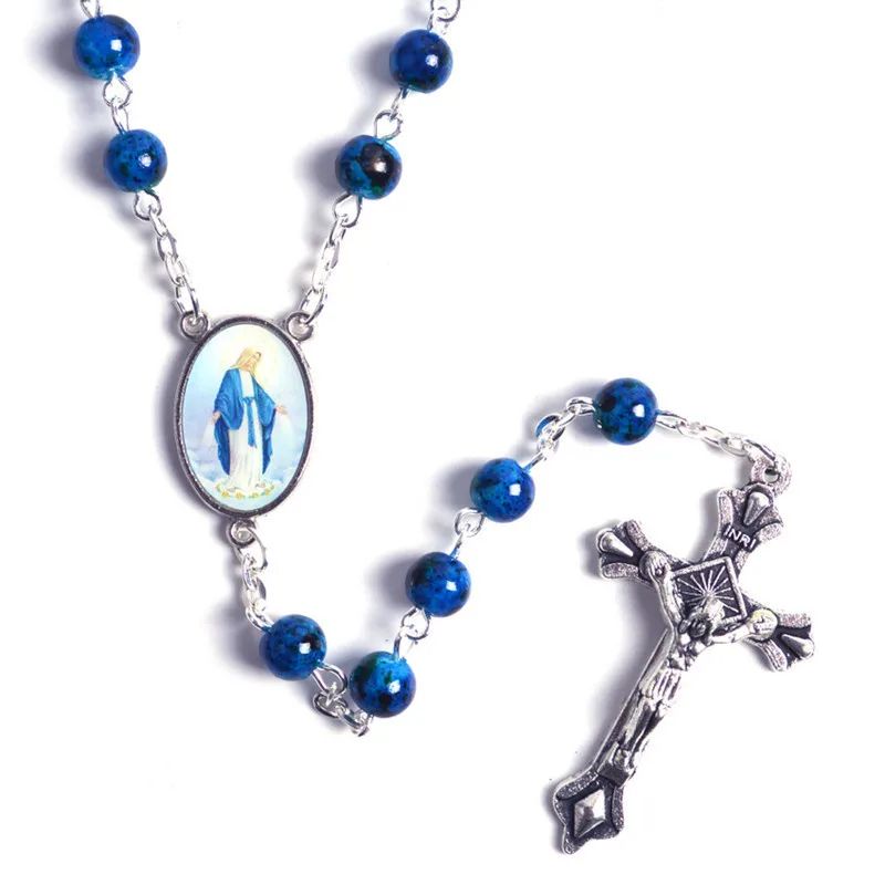 Vintage Cross Rosary Necklace 6mm Round Blue Glass Beads Virgin Mary Jesus Pendant Women Catholic Religious Jewelry | Украшения и