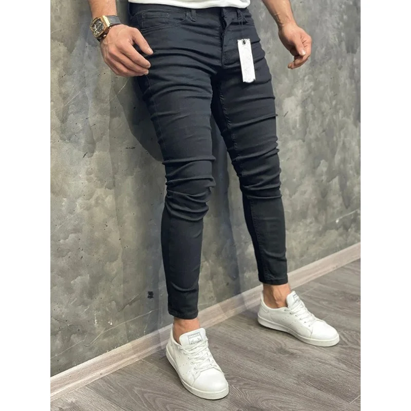 Mens Jeans Elastic Tight Legged Jeans Solid Pencil Pants Streetwear Men Skinny Denim Jeans Full Length Trousers