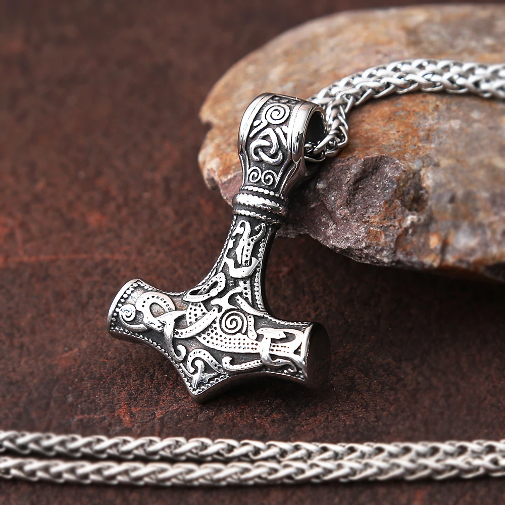 

Vintage Viking Warrior Stainless Steel Thor's Hammer Pendant and Necklace Punk Rock Street Viking Rune Necklace Mens Jewelry