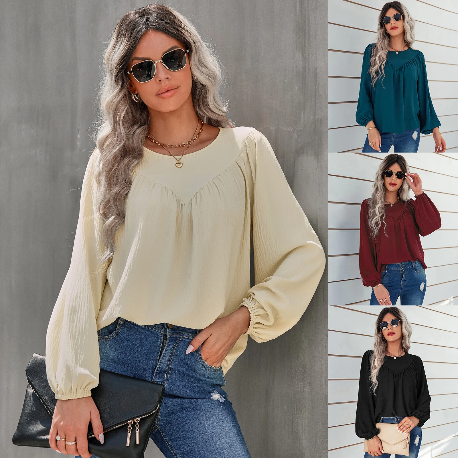 Fashion Casual Solid Blouse for Women Loose Dressy Shirt Simple Elegant Style Office Ladies Shirts Long Sleeve Tops Tee