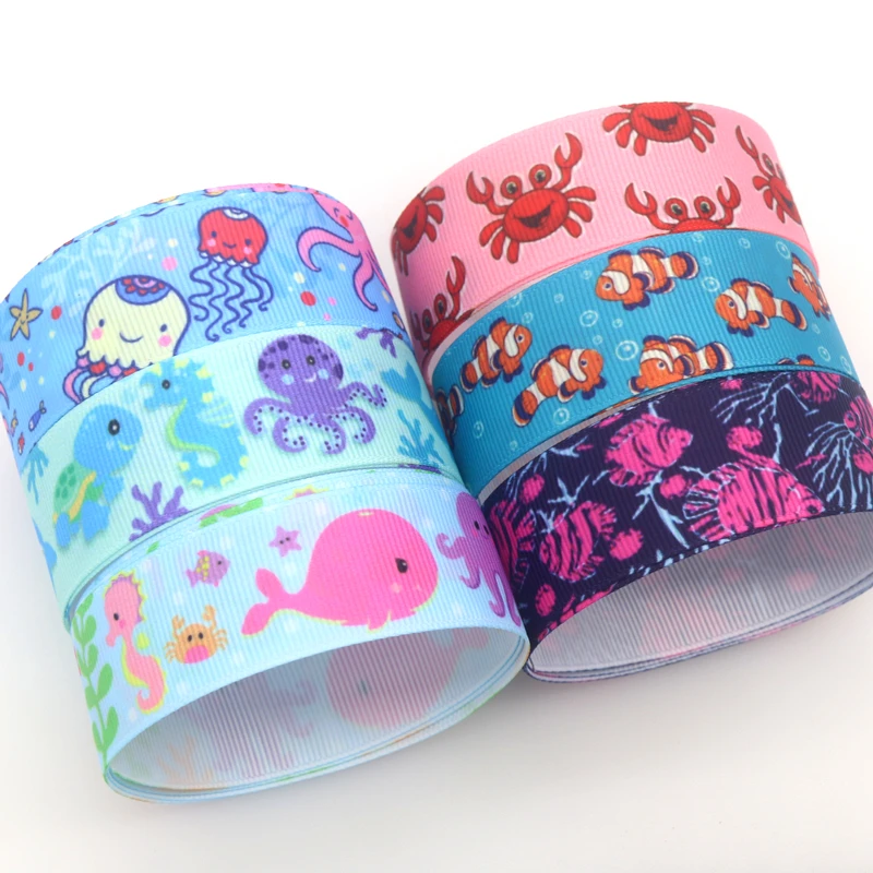 

DHK 50yards Sea Fish Crab Printed Grosgrain Ribbon Accessories Material Headwear Decoration DIY Sewing Craft D1958