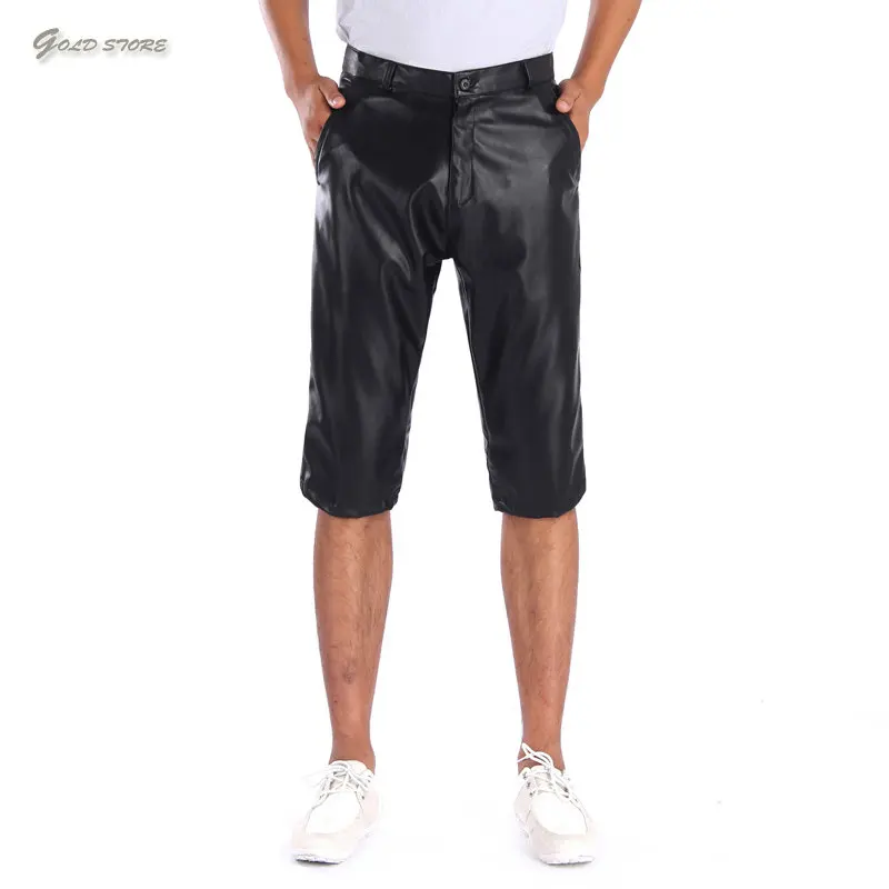 Summer Men Leather Shorts Elastic Short Pants Male Fashion PU Leather Shorts