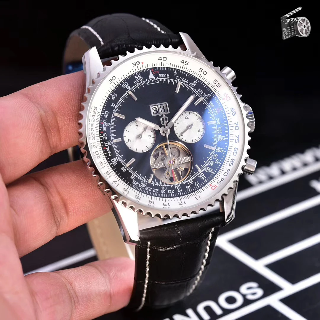 

mens mechanical watch Black Blue Leather Tourbillion automatic