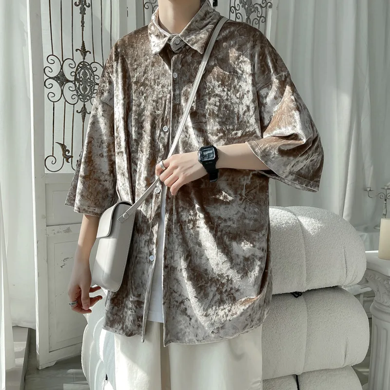 

Summer Velvet Short-sleeved Shirt Men Fashion Oversized Casual Shirt Men Streetwear Korean Loose Dress Shirts Mens Short Sets