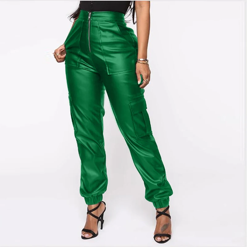 

Женские кожаные брюки, новинка весны 2023, повседневные модные комбинезоны с высокой талией и несколькими карманами, брюки из искусственной кожи, Бесплатная доставка