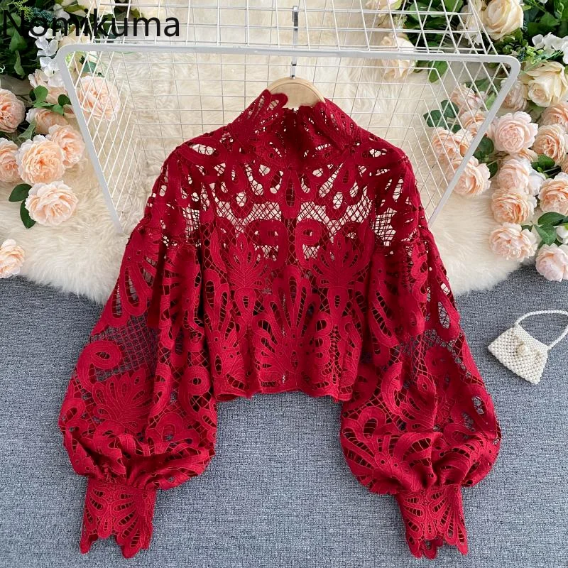 

Nomikuma Blusa Feminina Spring Autumn Lantern Sleeve Hollow Out Lace Chemise Femme Vintage Elegant Fashion Camisas De Mujer