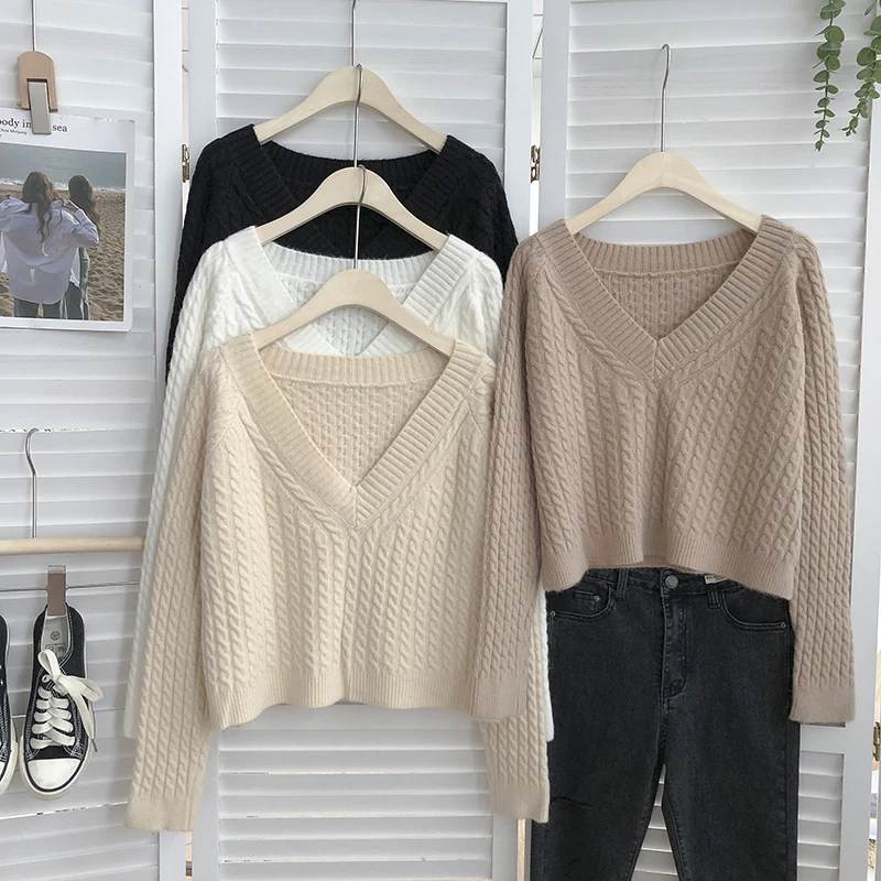 

Knitting Vintage Sweater Korean Style Women V-Neck Sweaters Short Pullover Female Casual Ladies Slim Fit Clothes Dropshipping