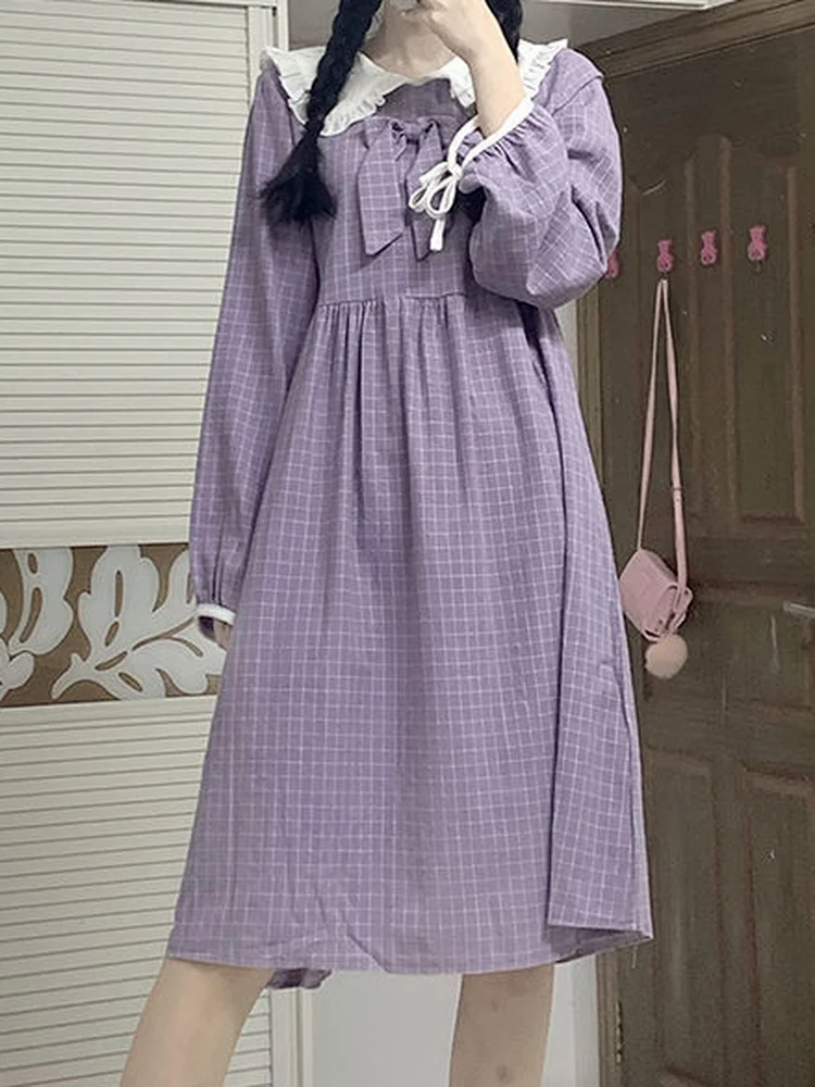 

QWEEK Sweet Kawaii Plaid Purple Dress Women Japanese Preppy Style Mori Soft Girl Dresses Cute Fairy Peter Pan Collar 2022 Spring