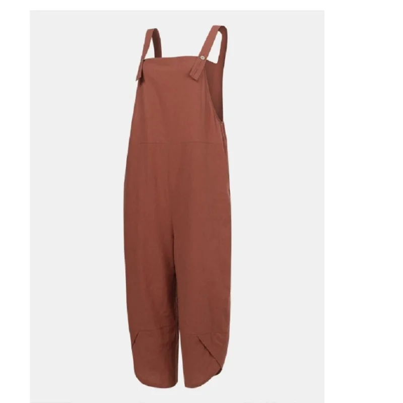 Solid Color Cotton Nine-point Jumpsuit Women 2023 Summer New Loose Casual Comfort Suspenders Fashion Plus Size Pocket Overalls