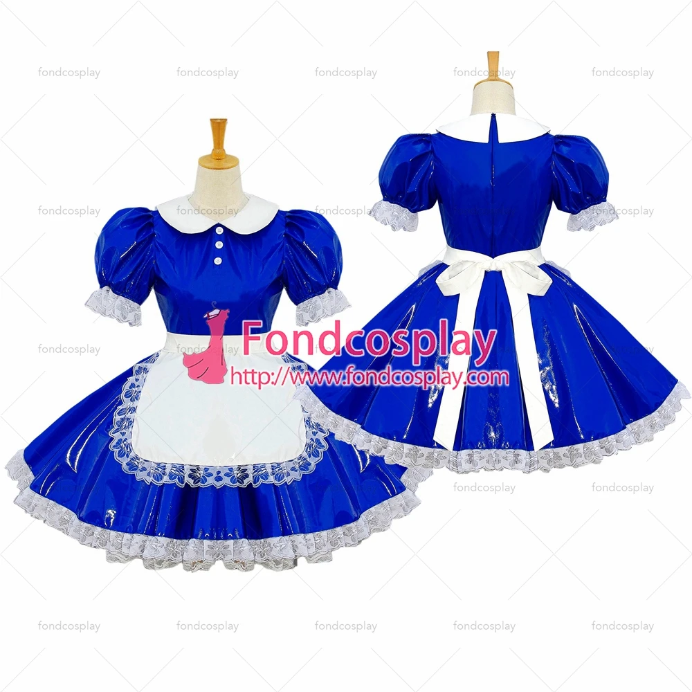 

adult sexy cross dressing sissy maid short heavy Pvc Dress Blue Lockable Uniform Peter Pan collar Custom-made[G602]