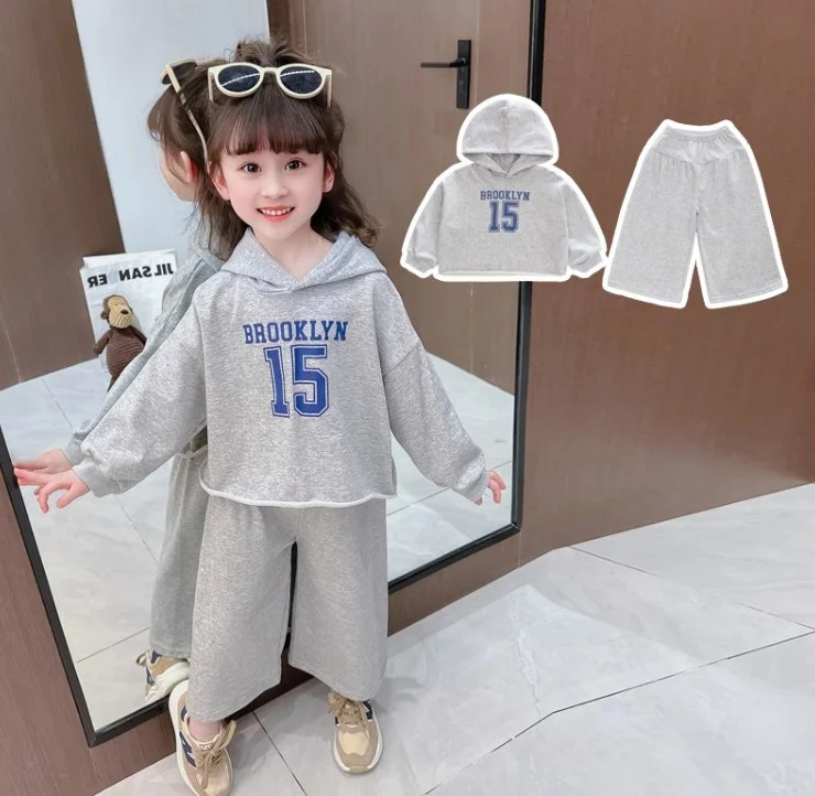 

Retail 2023 New Baby Girls Casual Letter Sets, Hooded Top+ Pants . Fashion Spring Suits For Girl Grey 2-6T