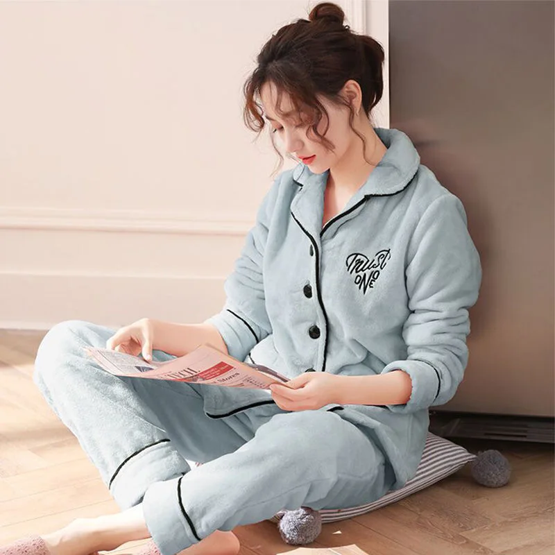 Flannel Pajamas Set Women Winter Warm Single Breasted Pyjamas Long Sleeve Soft Comfortable Sweet Elegant Woman Sleepwear Thicker