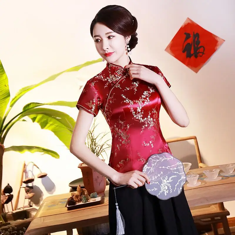 Фото Летняя винтажная футболка Cheongsam, футболка, китайский костюм Тан, женская футболка с короткими рукавами Hanfu, женская одежда, футболки Blusas №2