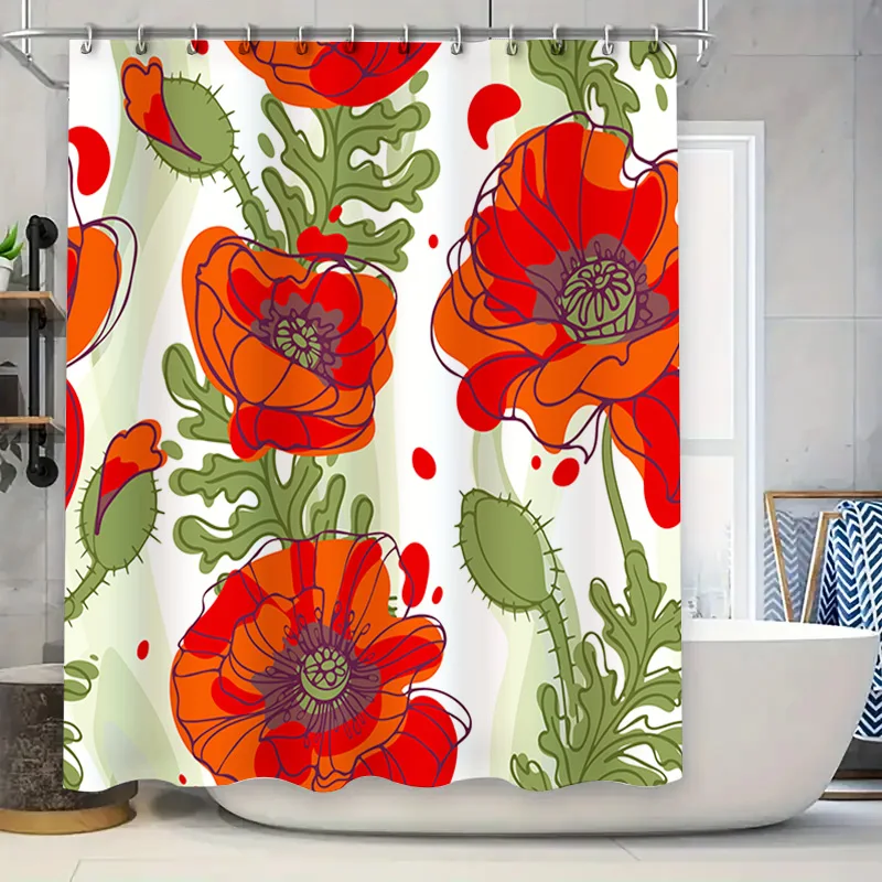 Занавеска для душа с цветком мака, оранжево-красная, полиэстер