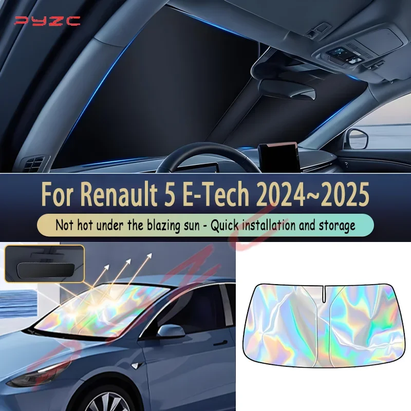 Фото Автозапчасти для Renault 5 E-Tech 2024~2025: Солнцезащитный козырек на лобовое стекло, блокирующий УФ-лучи, отражающий, защитный чехол-шторка №1