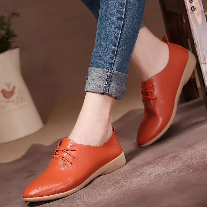

2023New casual flat shoes 2022 fashion leather lace up mom flats new solid color casual loafers women shoes zapatillas mujer