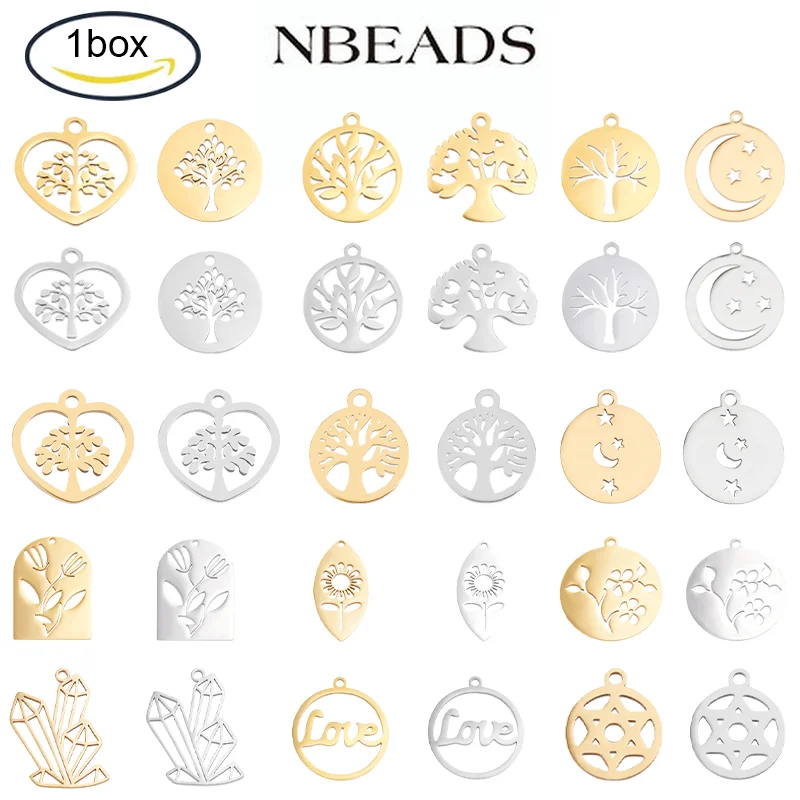 

1BOX 7 Style Stainless Steel Pendants Flat Round for Bracelet Necklace Earrings DIY Accessories Golden and Stainless Steel Color