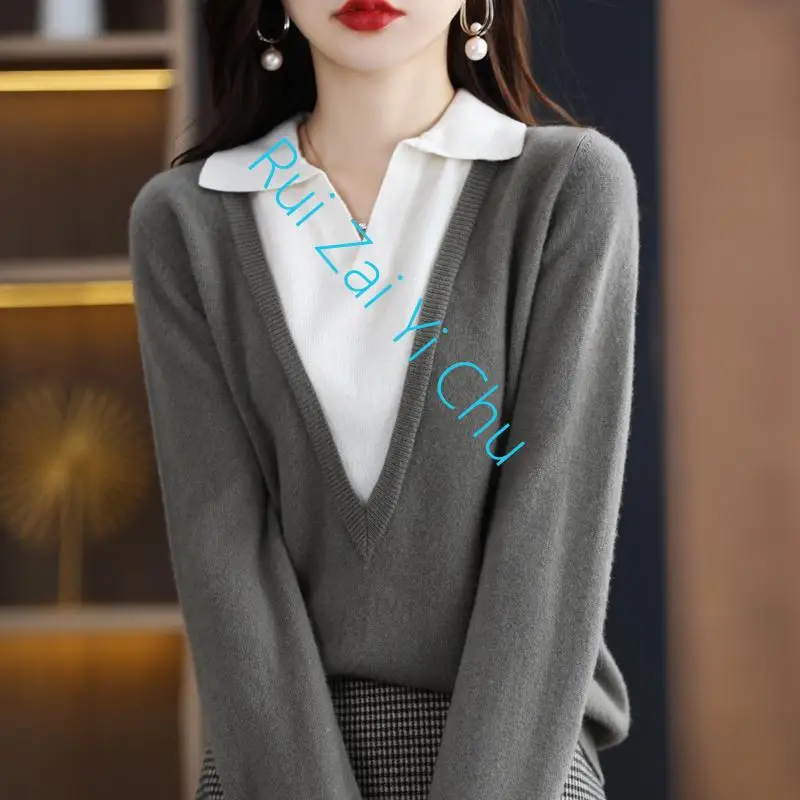 

New Spring and Autumn Sheep Sweater Fake Two-Piece Knitted Bottoming Shirt Women's Slim Slim Temperament All-Match Top