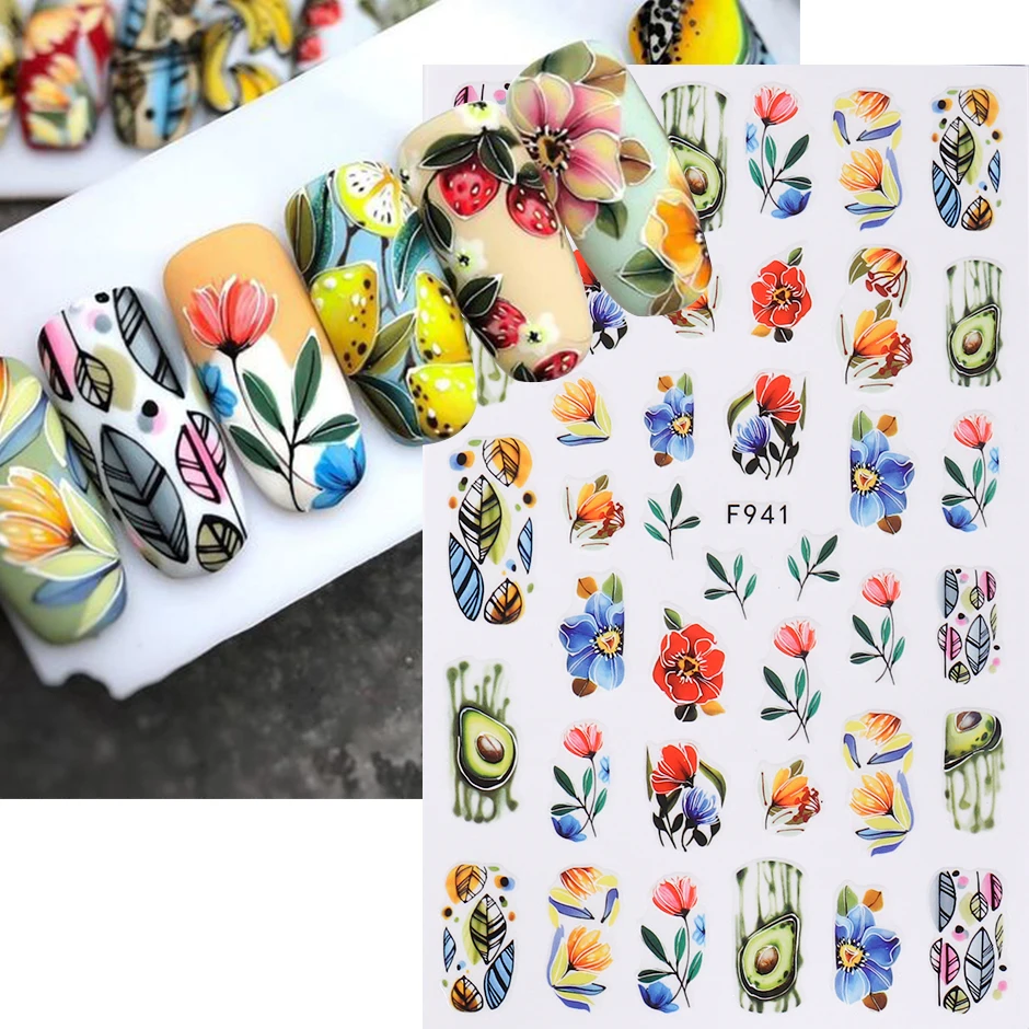 

3D Color Flowers Grass Stickers for Manicure Summer Fruits Avocado Geometry Line Floral Nail Art Decorations Decals Manicure #*@