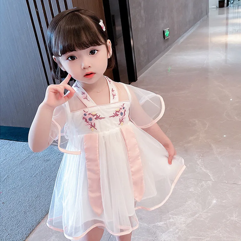 

Лето 2022, для маленьких девочек, детская вышитая розовая Тюлевая модная винтажная юбка, кавайная ханьфу, платье принцессы в китайском стиле, ...