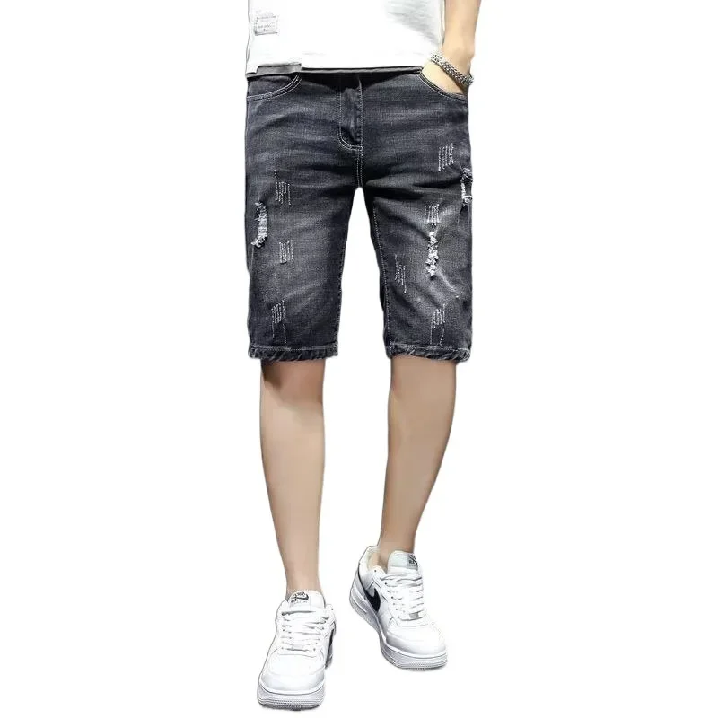 Summer Thin Elastic Plus Sized Men's Denim Shorts Casual Riding Breeches Slimming Effect Straight Leg Youth Mid Waist