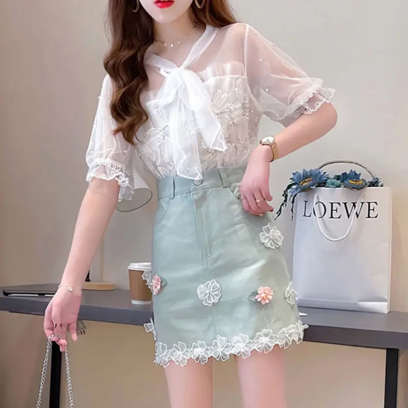 

Women 2022 Summer Shirt 2-piece Set Female Mesh See Through Short Sleeve Blouse +High Waist Skirt Sets Fashion Casual Suit O59