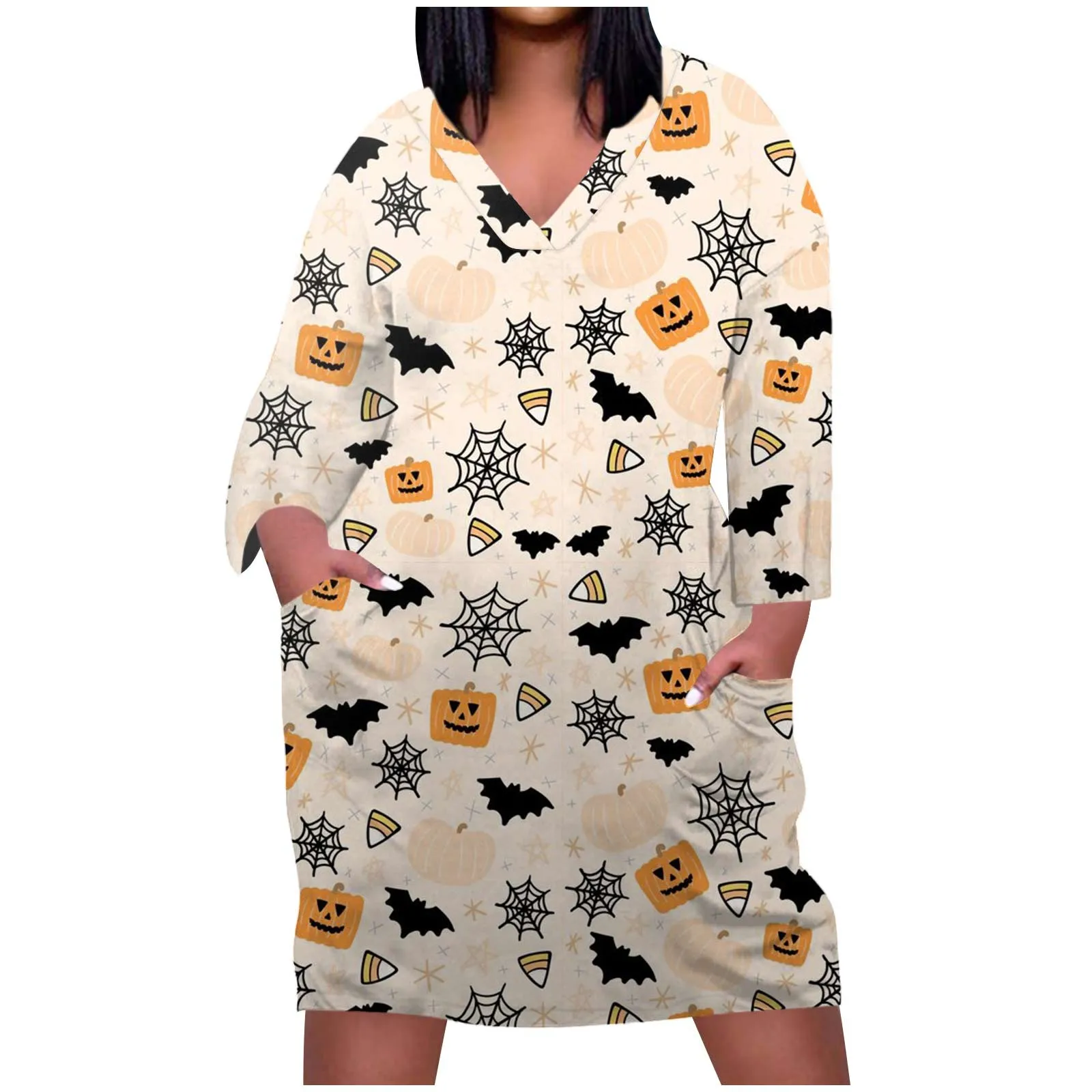 

Halloween Print V-neck Dress For Women Long-sleeved Large Size Dresses Pocket Simple Loose Lady Dress 2023 Women's Sweatshirt