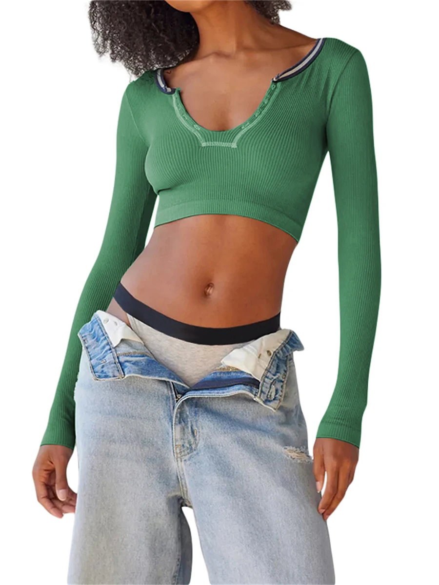 

HEZIOWYUN Womens Vintage Contrast Color Ribbed Pullover Long Sleeve Basic Slim Fitted T-Shirt Crop Top Sexy Tee Chic Y2k Tunics