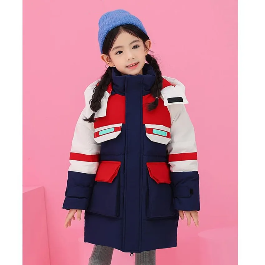 

Куртка на утином пуху для мальчиков и девочек, зимняя утепленная длинная куртка с капюшоном для малышей, детская одежда, A1825