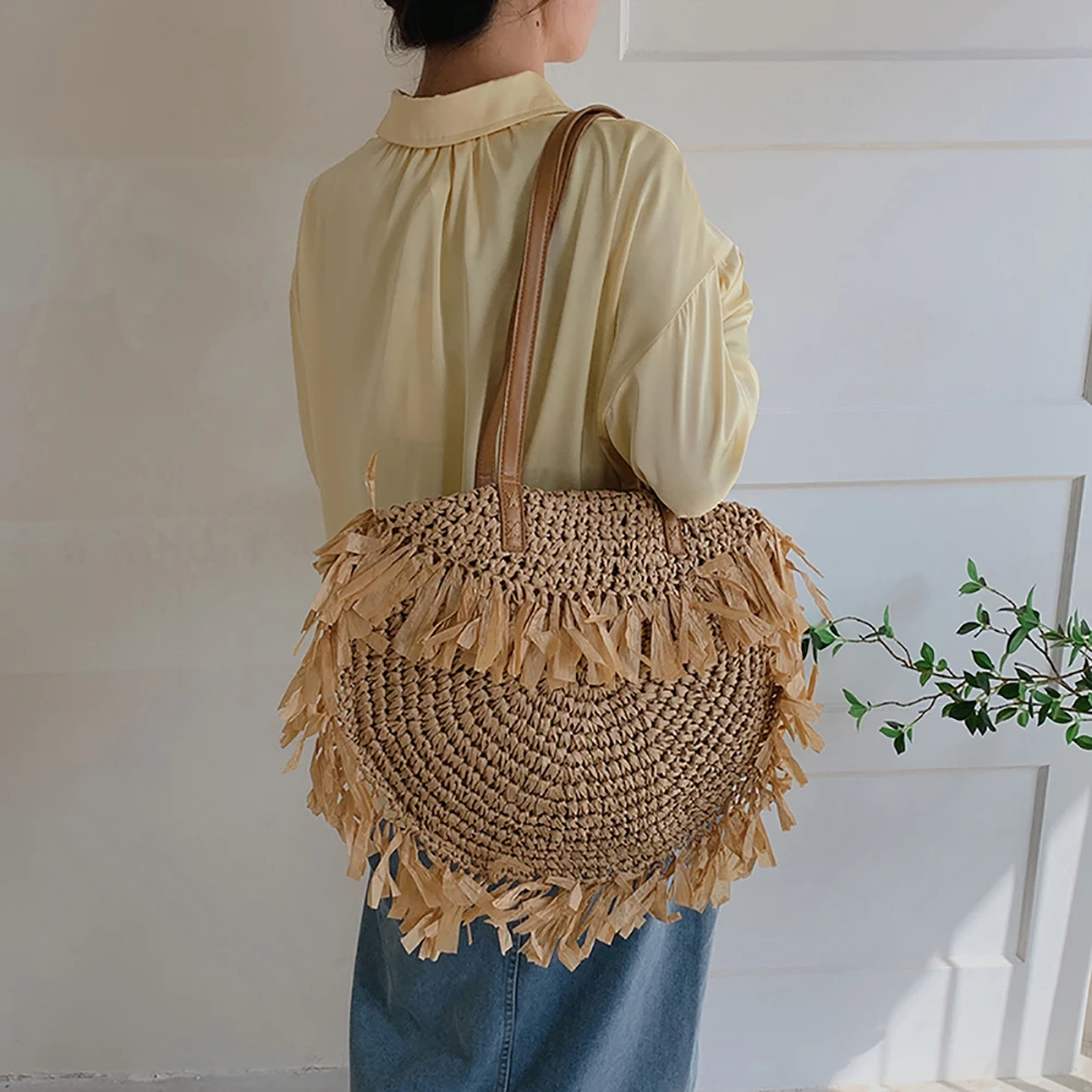 

Women Beach Vacation Straw Weave Shoulder Messenger Bags Tassels Slim Flap Purse Popular Simple Female Daily Bag