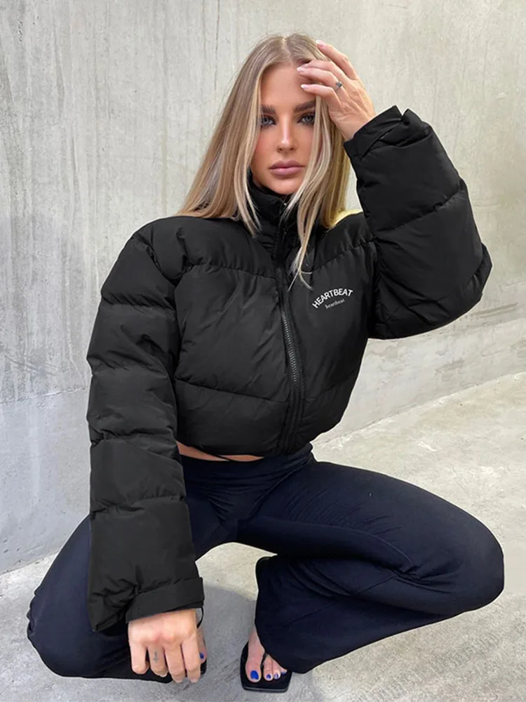 Winter Stand-up Collar Zipper Black Coat For Women Clothes Long Sleeve Short Jacket Warmth Fashion Silm Fit Chaquetas Para Mujer