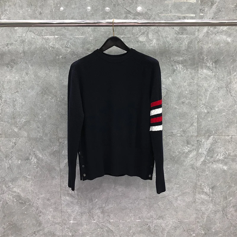 

THOM Men's Autunm Winter Male Merino Wool RWB 4-Bar Stripes Crew Neck Pullover Casual Knit Navy TB Sweaters