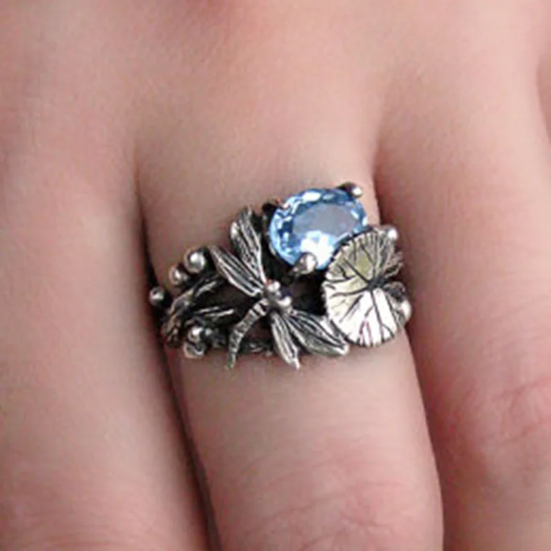 

New Fashion Trend Personality Creative Women's Ring Dragonfly Lotus Retro Thai Silver Inlaid Topaz Jewelry Accessories