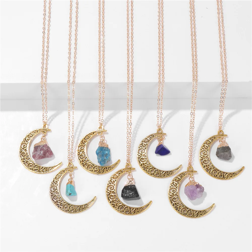 

12pcs Crescent Moon Charms Raw Reiki Healing Stone Crystal Pendant Quartz Link Chain Necklace for Women Jewelry Wholesale