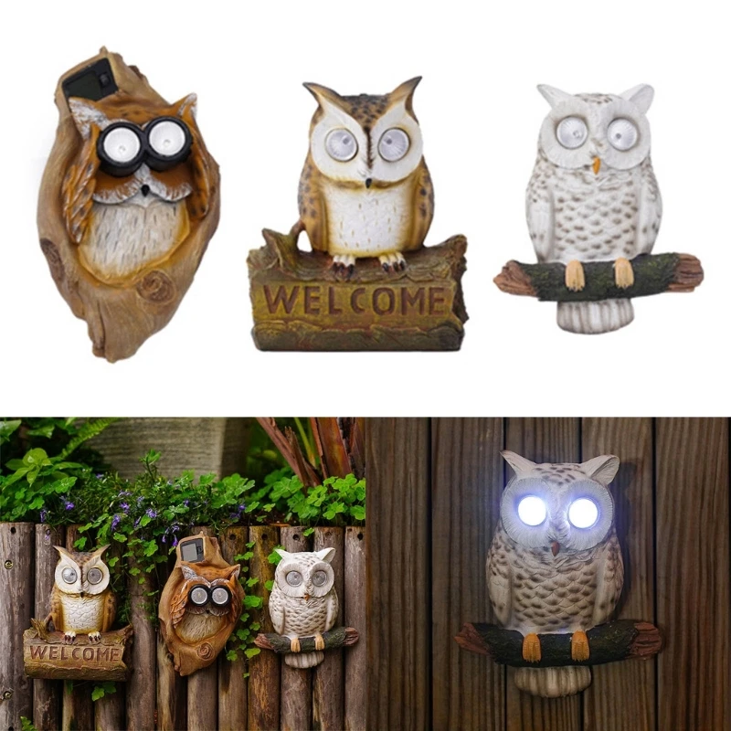 Outdoor Resin Owl Statue with Solar LED Lights Figurines Yard Art Sculptures L21C