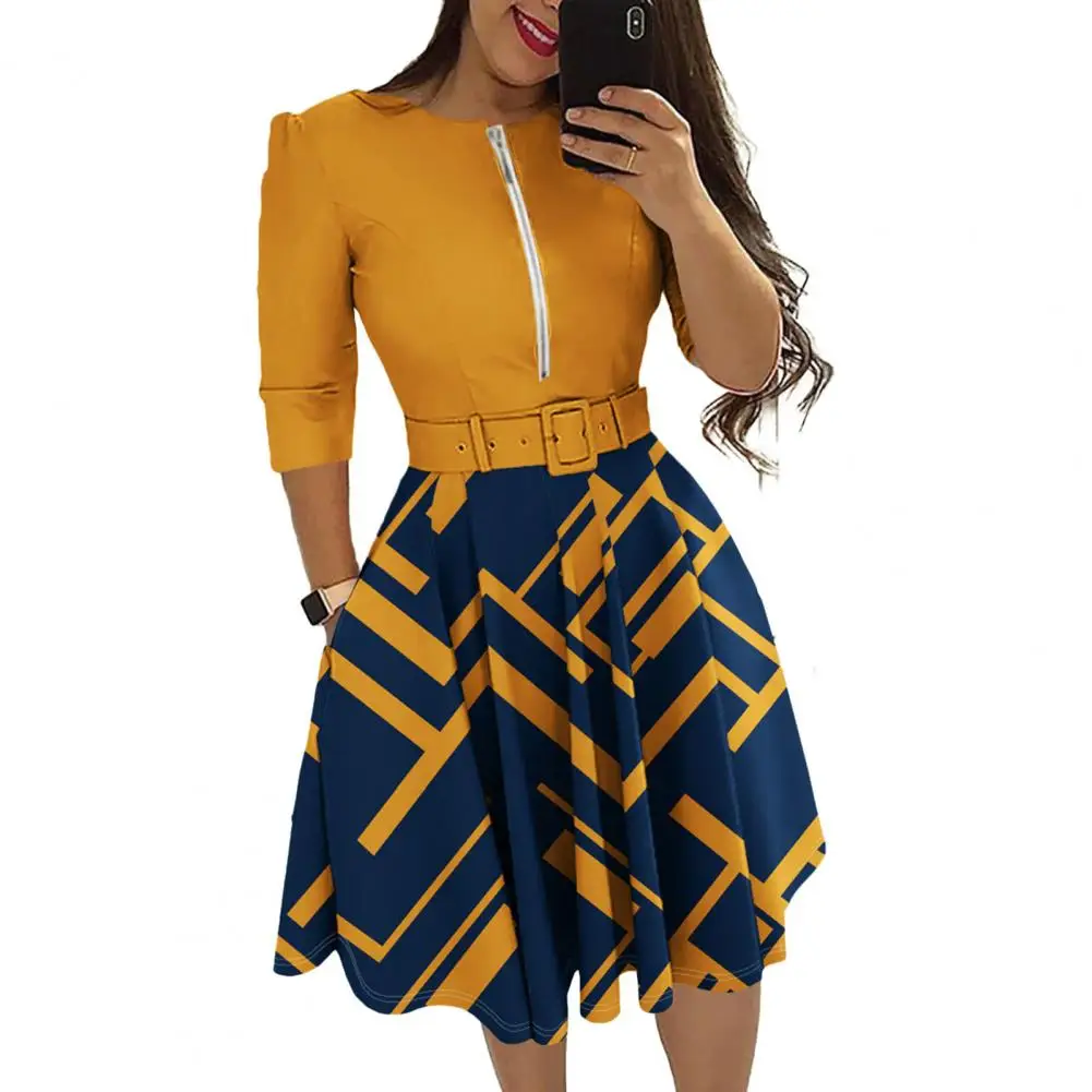 

Платье женское с поясом, шикарное платье контрастных цветов с молнией и карманами на талии, платяной шкаф, весна-осень