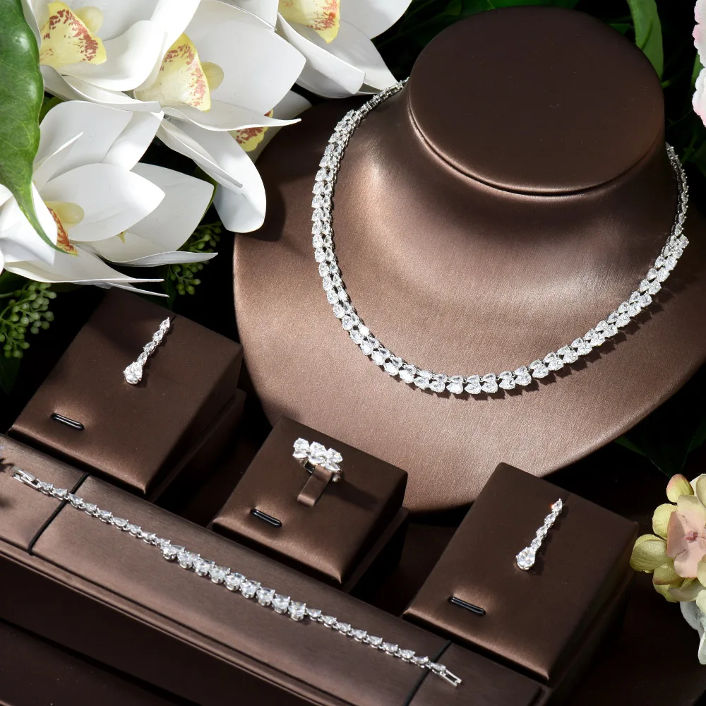 

HIBRIDE White Water Drop Cubic Zircon Women Evening Party Costume Necklace And Earrings Wedding Jewelry Sets for Brides N-1017